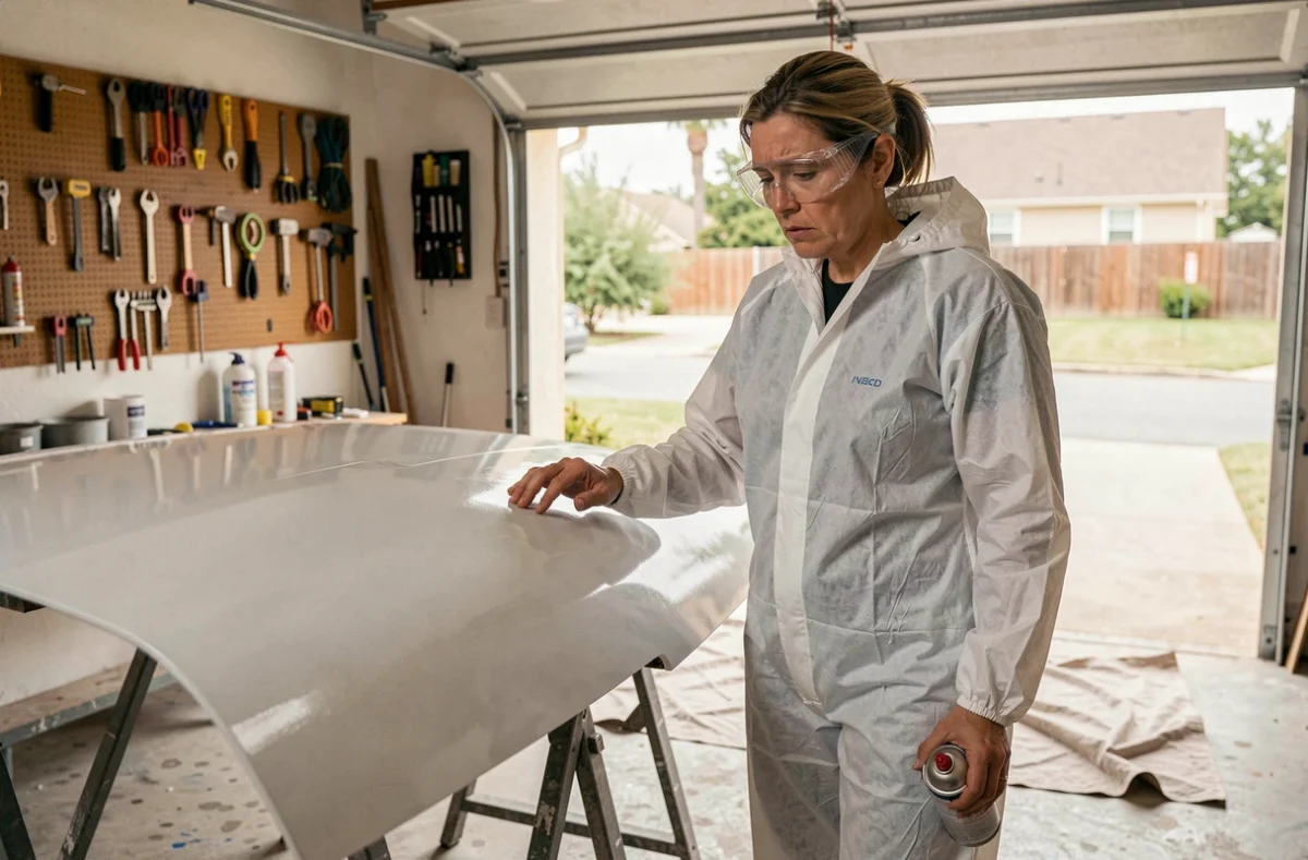 Femme inspectant un capot de voiture mal peint à la bombe dans un garage domestique, expression de frustration face aux erreurs de rendu de la peinture carrosserie