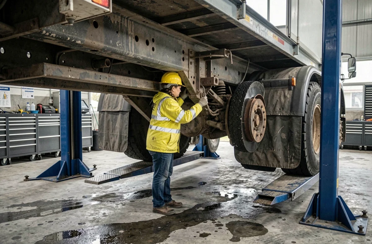 Inspectrice contrôlant le système de freinage d'un camion 38 tonnes dans un garage de contrôle technique