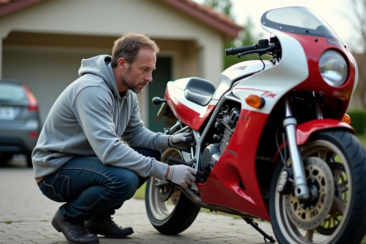 Acheteur potentiel inspectant le cadre et le moteur d'une Suzuki GSX-R 1100 de 1992 d'occasion sur une allée privée