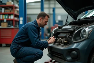 Mécanicien inspectant un moteur 2 HDi 90 d'occasion dans un atelier automobile professionnel