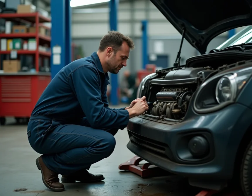 Mécanicien inspectant un moteur 2 HDi 90 d'occasion dans un atelier automobile professionnel