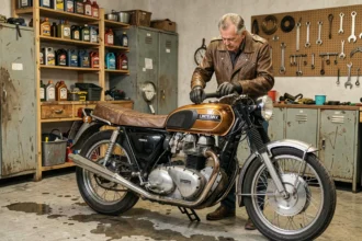 Passionné de motos de collection inspectant une moto vintage dans son garage privé, idéal pour illustrer l'assurance moto de collection