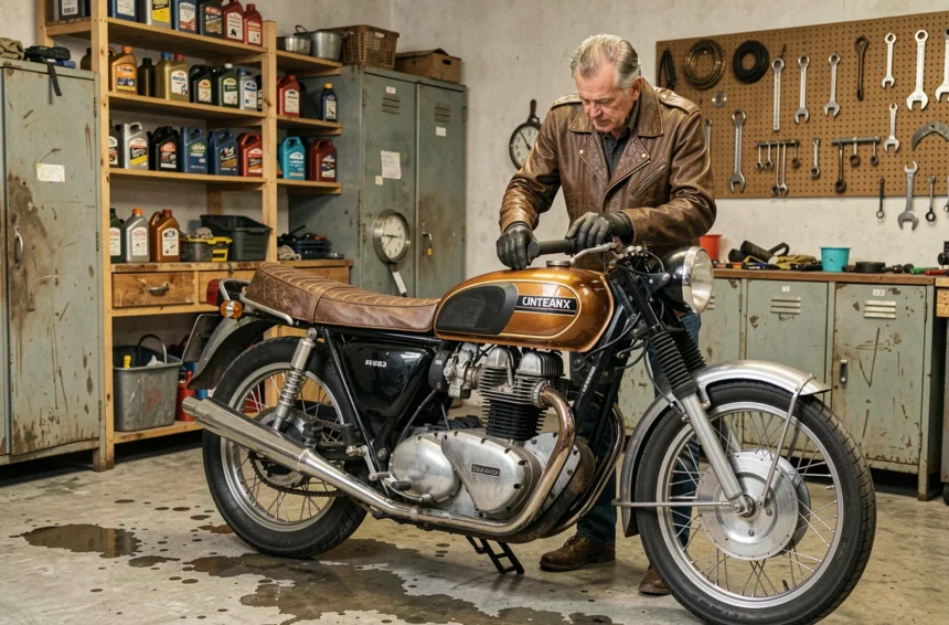Passionné de motos de collection inspectant une moto vintage dans son garage privé, idéal pour illustrer l'assurance moto de collection