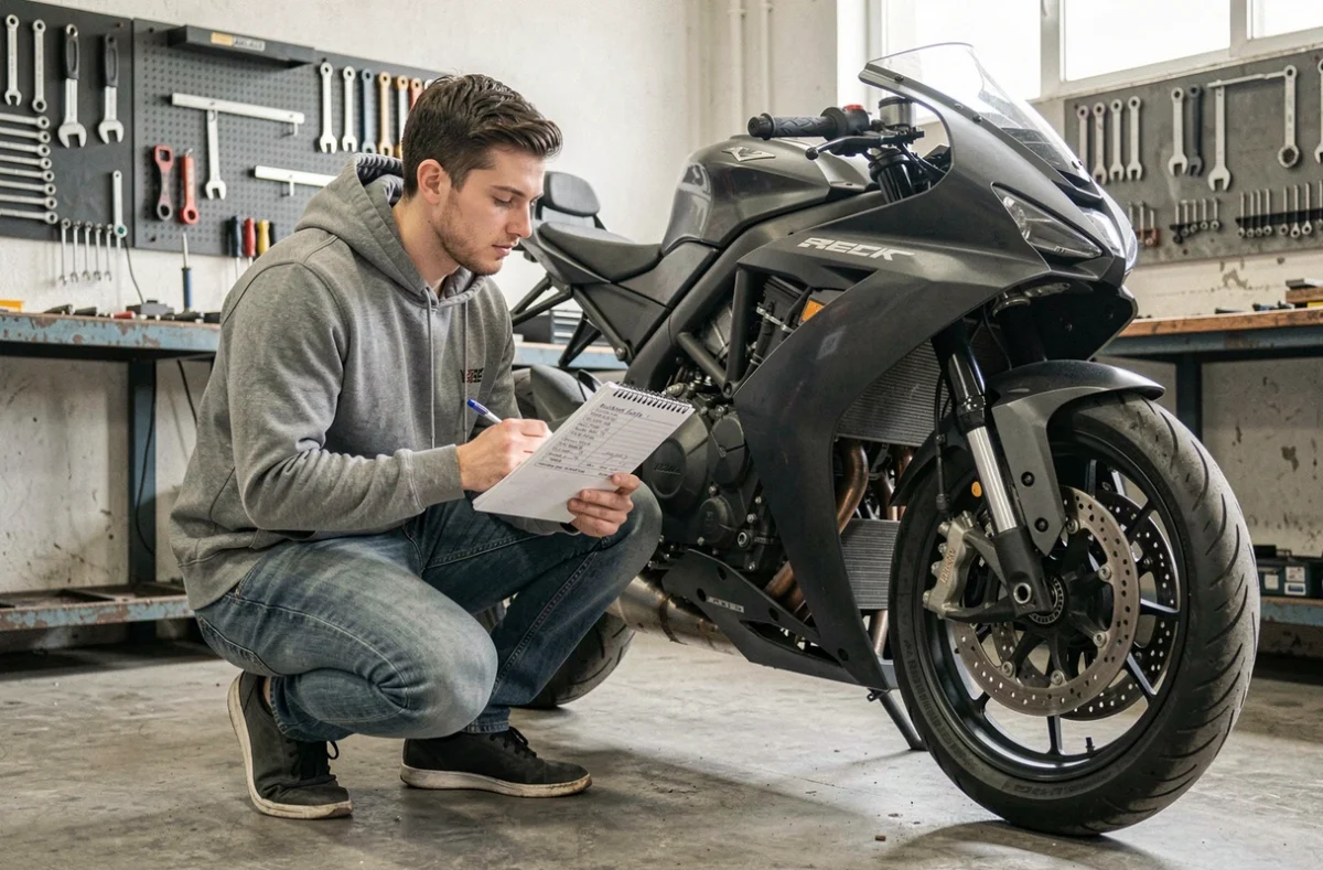 Propriétaire de moto inspectant son véhicule dans un garage pour obtenir une estimation d'assurance précise