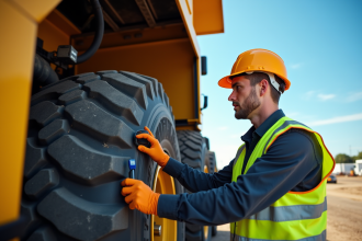 Mecanicien inspectant un gros camion jaune en plein jour