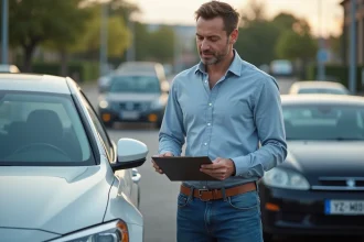 Homme inspectant une voiture d'occasion en extérieur