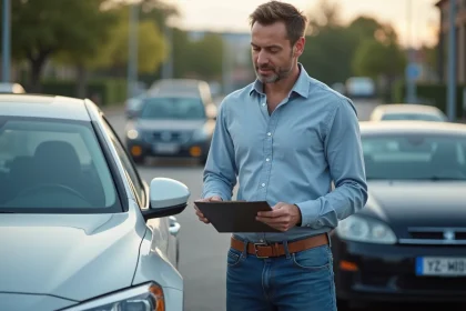 Homme inspectant une voiture d'occasion en ext&eacute;rieur