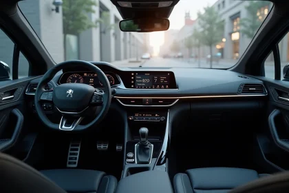 Tableau de bord intérieur de la Peugeot 308 2026 avec i-Cockpit numérique, finitions cuir cousu et garnitures en aluminium brossé