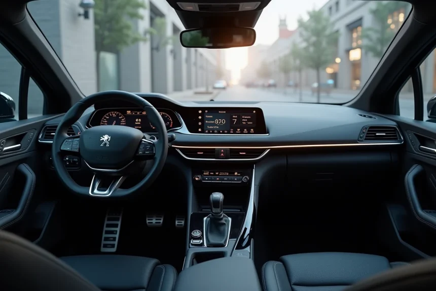 Tableau de bord intérieur de la Peugeot 308 2026 avec i-Cockpit numérique, finitions cuir cousu et garnitures en aluminium brossé