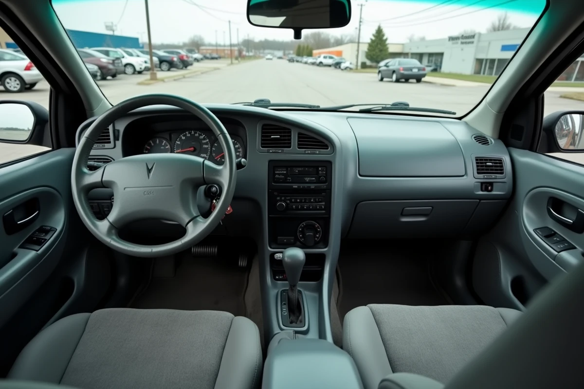 Intérieur d'un Pontiac Aztek d'occasion avec tableau de bord années 2000, garniture en plastique vieillie et siège conducteur au tissu usé