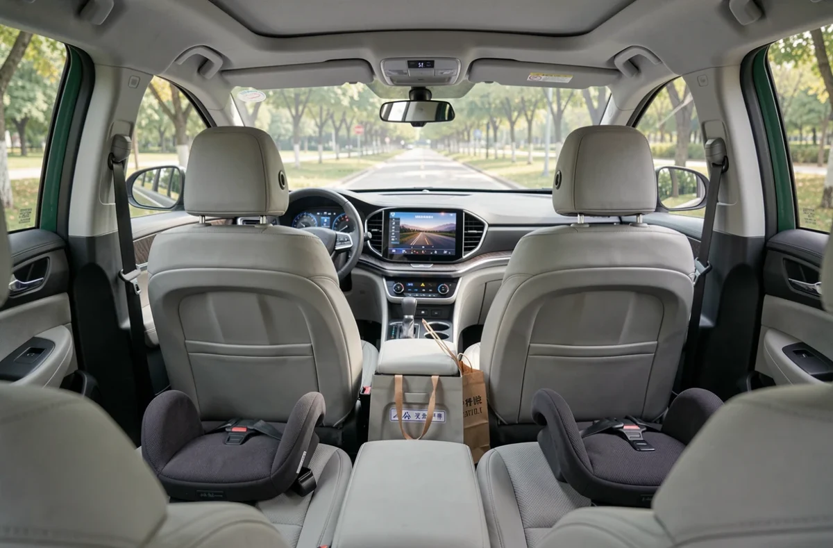 Intérieur spacieux d'un SUV électrique chinois familial avec sièges enfants et grand écran tactile