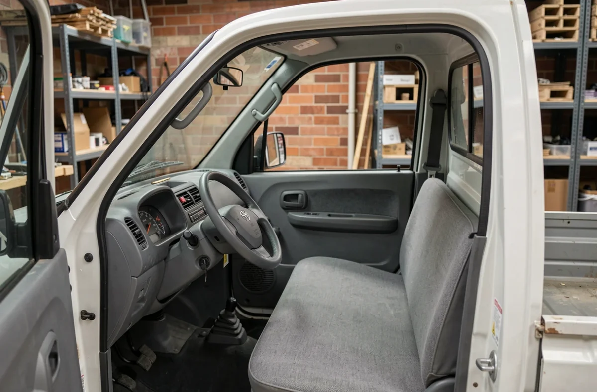 Intérieur minimaliste d'une voiture sans permis pick-up avec tableau de bord simple et plateau cargo visible en arrière-plan