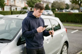 Jeune conducteur debout près de sa voiture compacte comparant des offres d'assurance auto sur son smartphone
