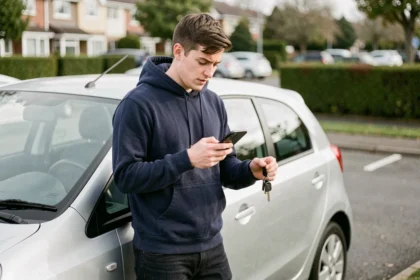 Jeune conducteur debout près de sa voiture compacte comparant des offres d'assurance auto sur son smartphone