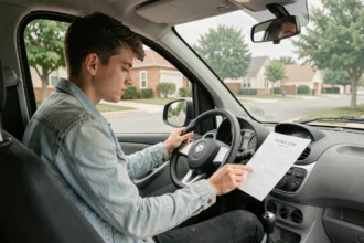 Jeune conducteur en voiture sans permis consultant un document tarifaire sur le tableau de bord dans une rue résidentielle