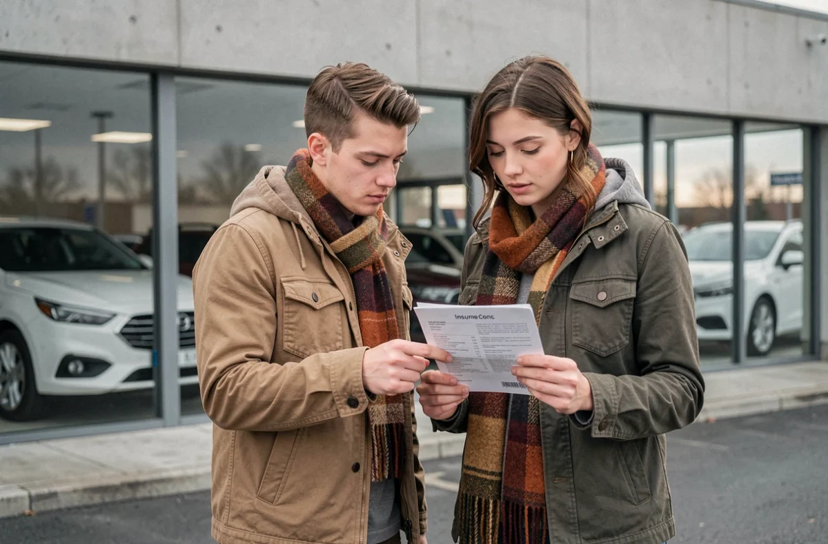 Jeune couple de conducteurs examinant un document d'assurance auto devant une concession automobile