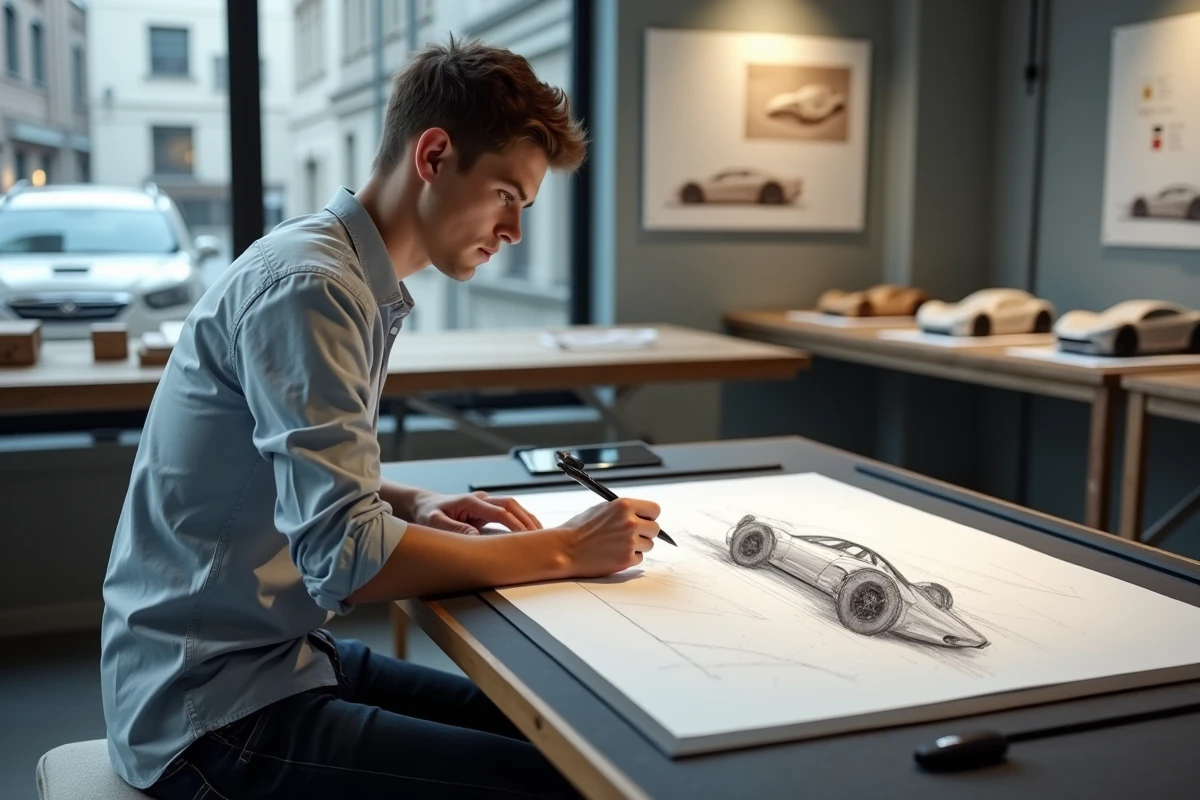 Jeune designer automobile esquissant une silhouette futuriste dans son atelier