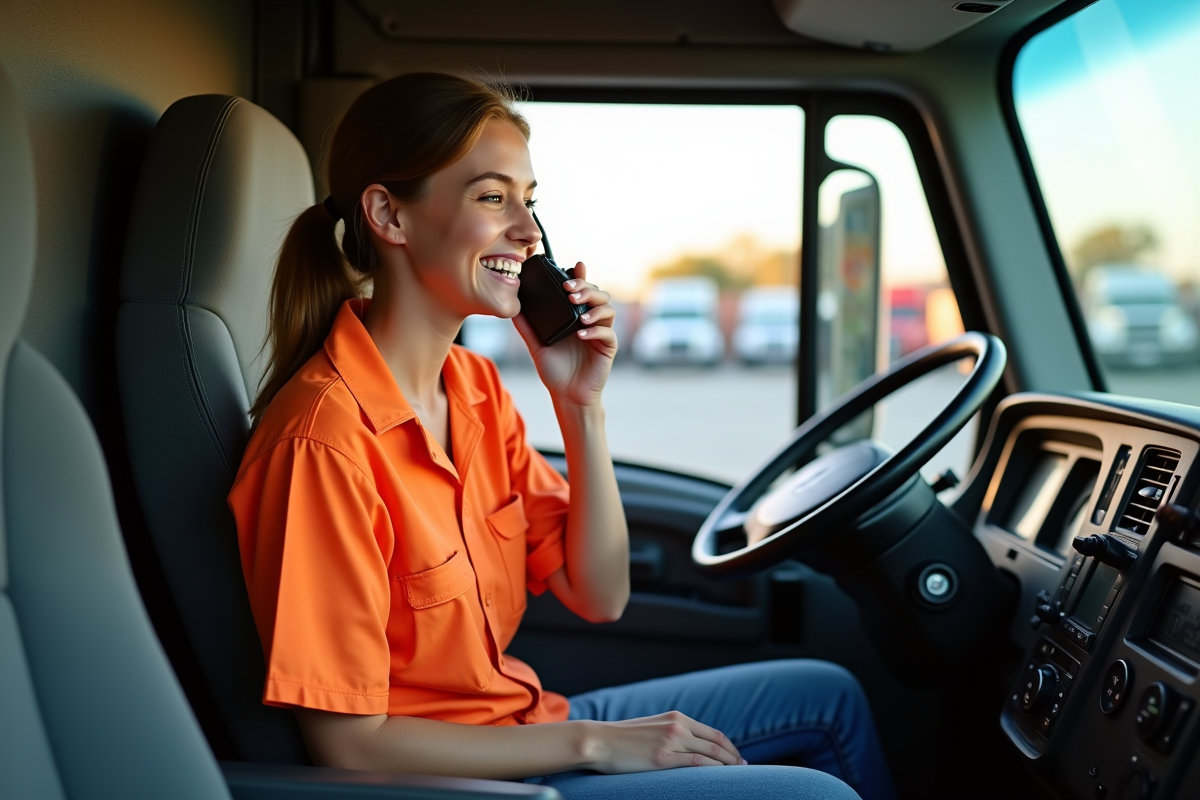 Jeune conductrice de camion parlant au micro CB dans son véhicule