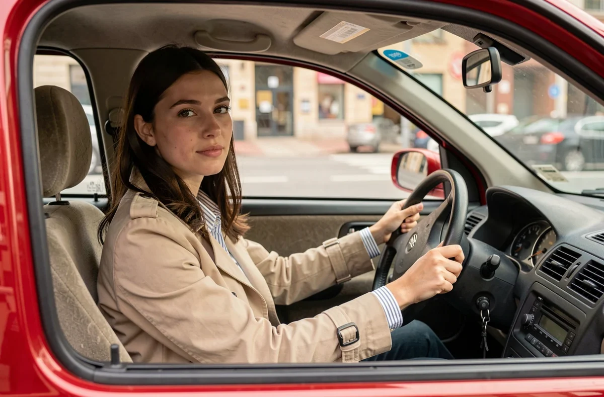 Jeune femme conductrice assise au volant de sa petite voiture en ville, sereine et confiante