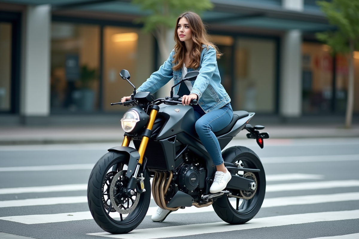 Jeune femme en denim sur moto urbaine moderne