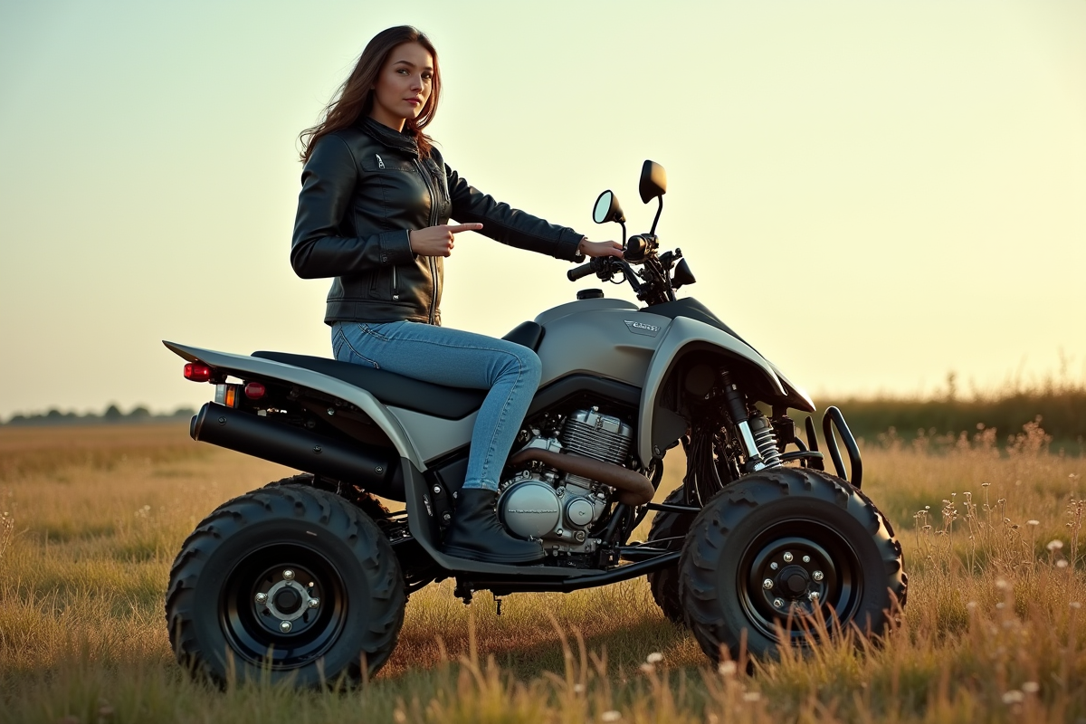 Jeune femme pointant l échappement quad en plein air