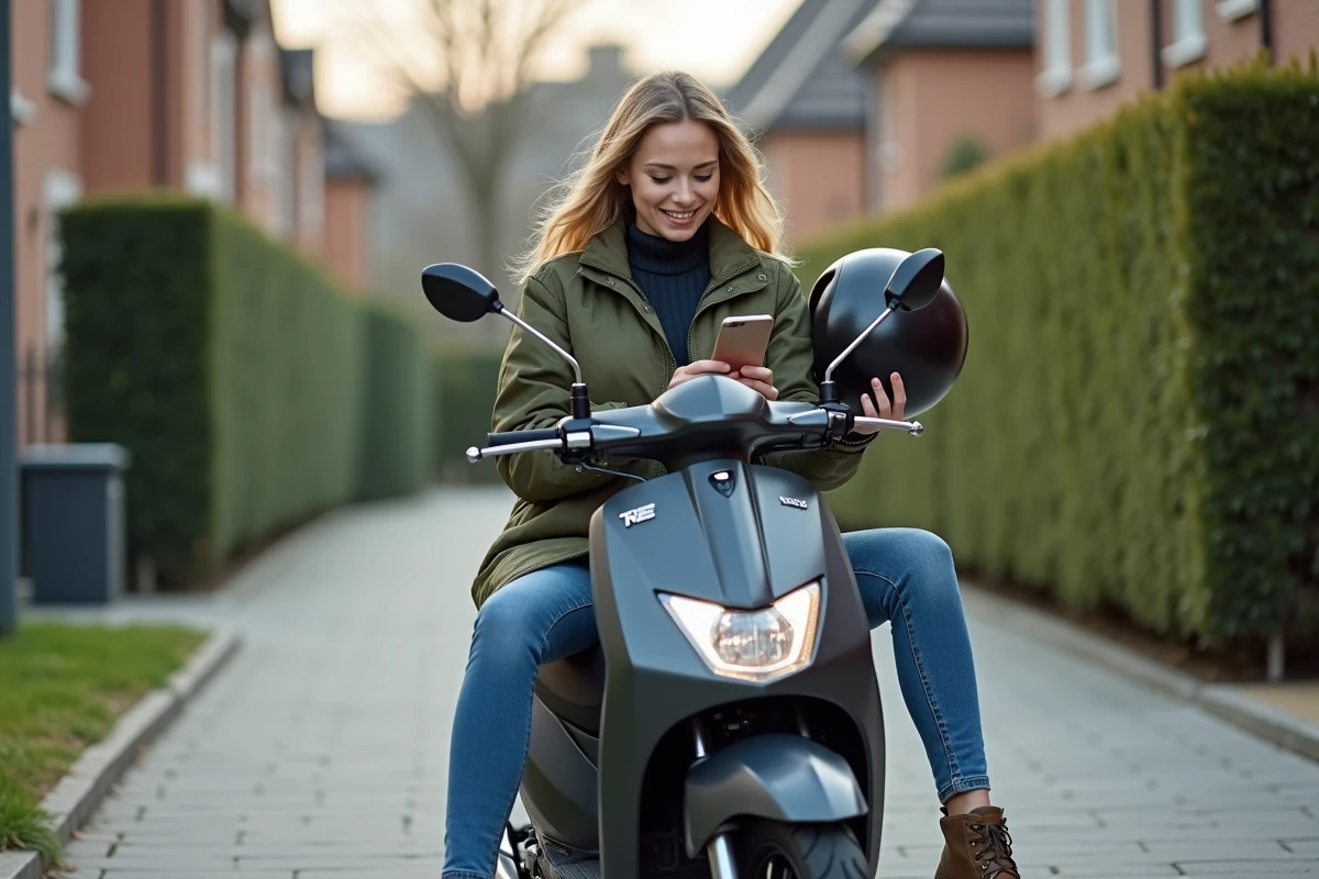 Jeune femme sur scooter dans quartier r&eacute;sidentiel