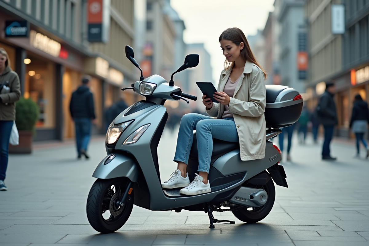 Jeune femme avec scooter moderne dans une place urbaine