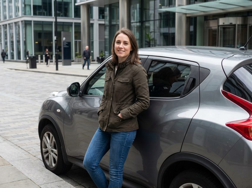 Jeune femme urbaine en veste près d'une voiture moderne