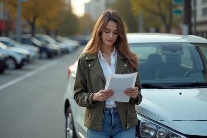 Jeune femme avec voiture compacte en ville