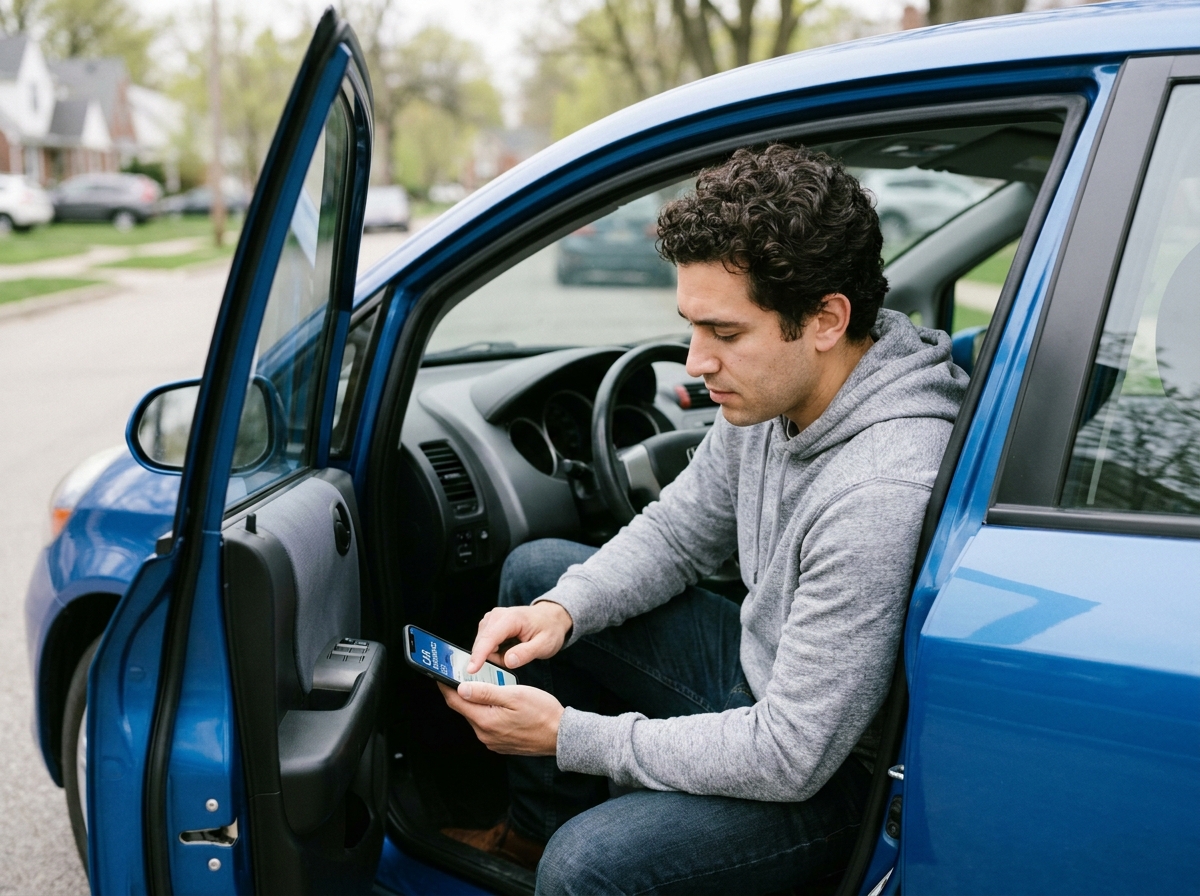 Jeune homme consultant une application d'assurance auto sur smartphone dans sa voiture