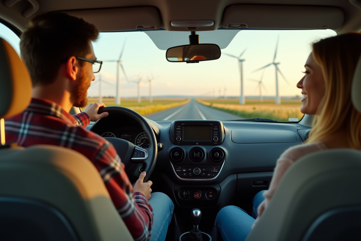 Jeune homme conduisant une voiture sur une route de campagne