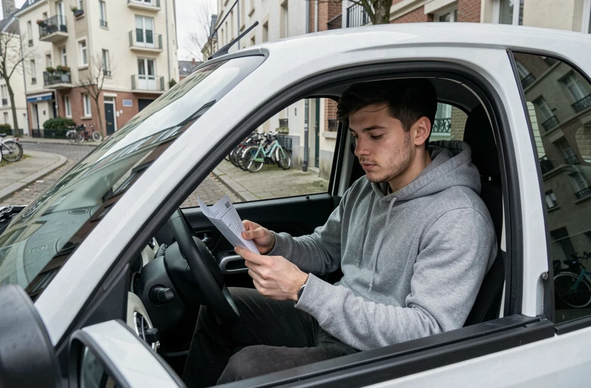 Jeune homme consultant des documents d'achat dans une Citroën Ami en milieu urbain