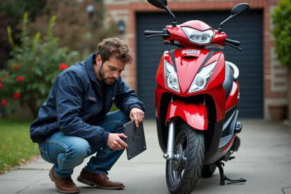 Jeune homme avec scooter rouge et permis moto