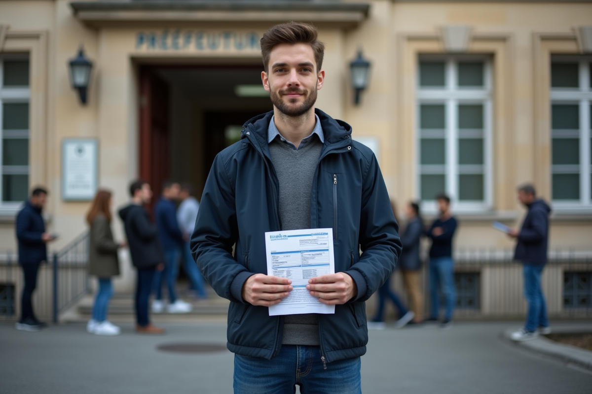 Jeune homme tenant un permis de conduire devant la préfecture française