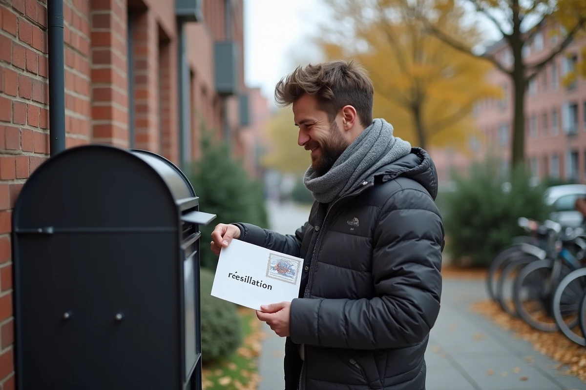 Jeune homme postant une lettre de résiliation devant une boîte aux lettres