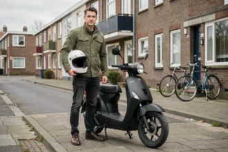 Jeune homme avec un scooter 49cc garé sur un trottoir urbain, illustrant l'assurance scooter pas cher