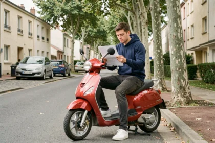 Jeune homme assis sur un scooter 50cc rouge consultant un document d'assurance dans une rue résidentielle française