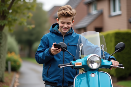 Adolescent souriant avec scooter bleu et smartphone