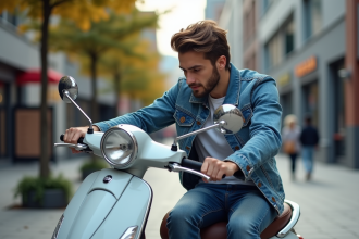 Jeune homme examine un scooter en ville avec boutiques en arrière-plan