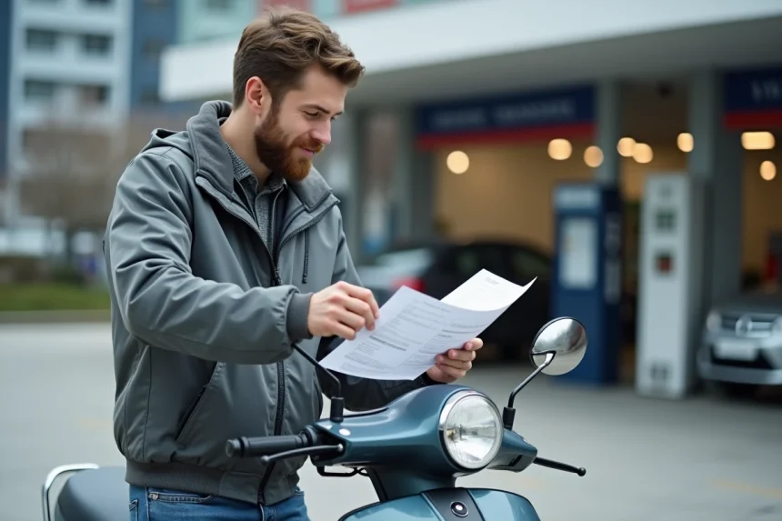 Jeune homme avec scooter et documents de registration