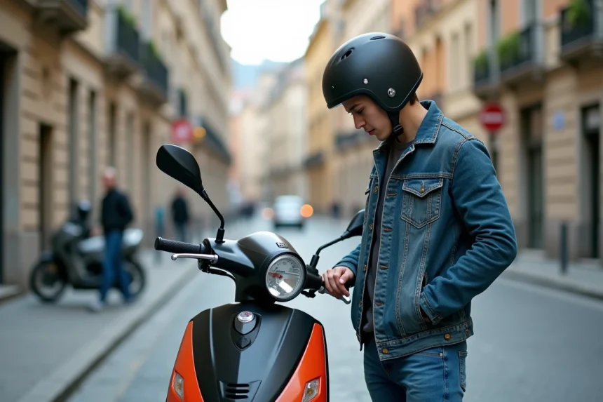 Jeune homme en denim avec casque vérifiant scooter en ville