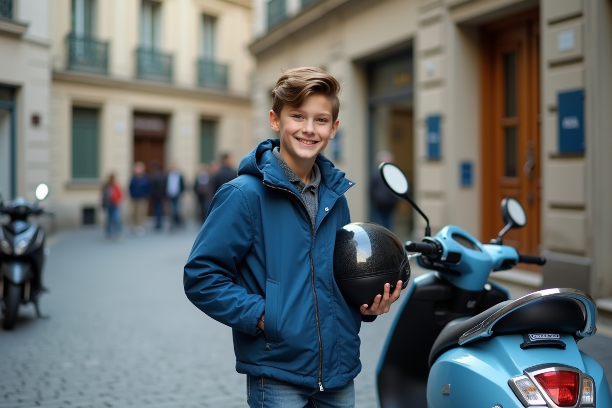 Jeune homme avec scooter dans une rue urbaine française