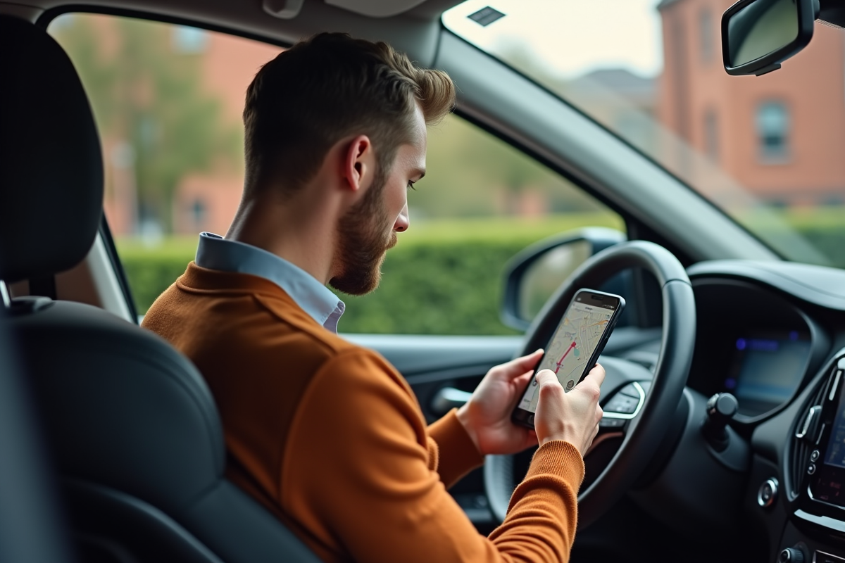 Jeune homme regardant son smartphone près de la voiture urbaine