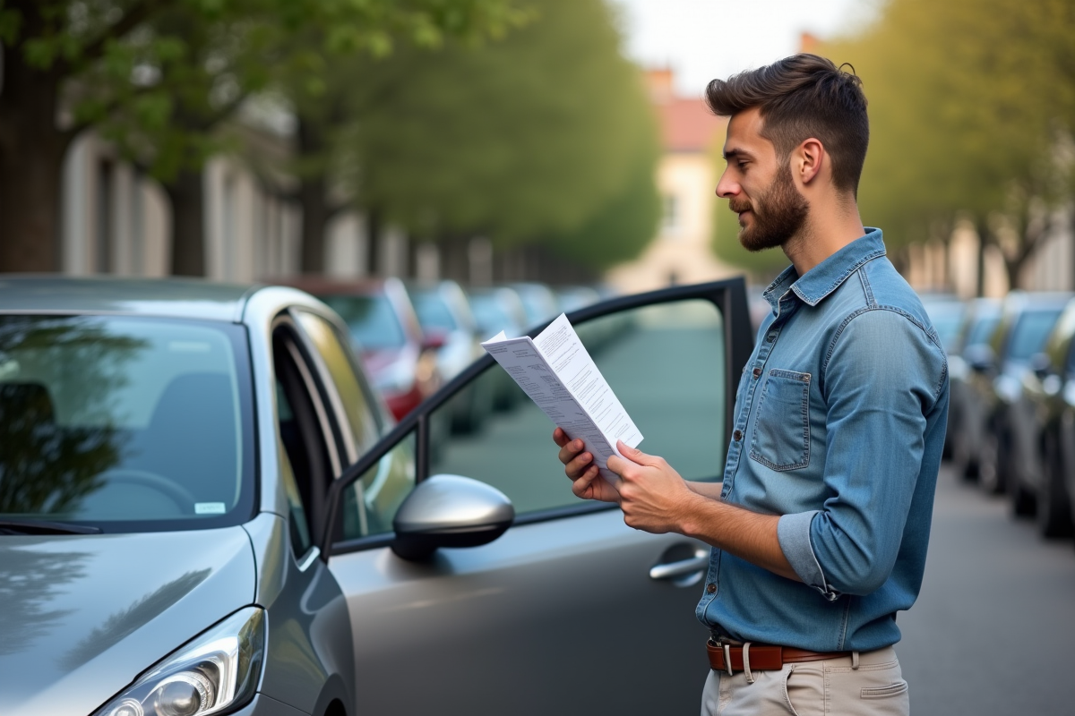 Jeune homme regardant une carte grise à côté d