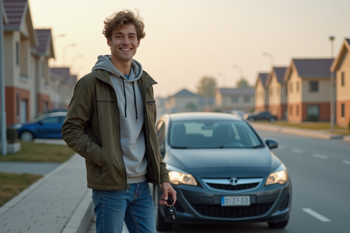 Jeune homme souriant avec clés à côté d'une voiture en parking