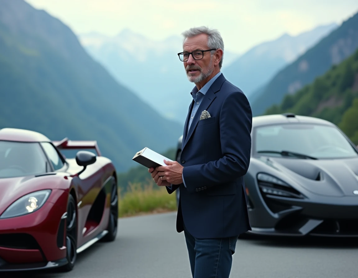 Journaliste automobile comparant une Koenigsegg Agera et une Pagani Huayra sur une route de montagne alpine
