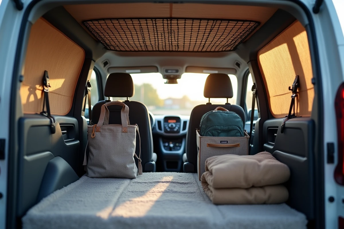 Intérieur d'un Kangoo familial aménagé avec filet de rangement au plafond et organisateurs en tissu sur les sièges