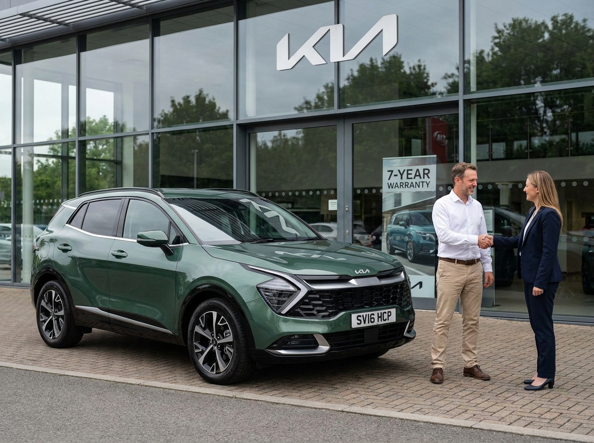 Kia Sportage Hybrid vert devant une concession Kia, un client et une conseillère scellant un achat avec une poignée de main, garantie sept ans visible