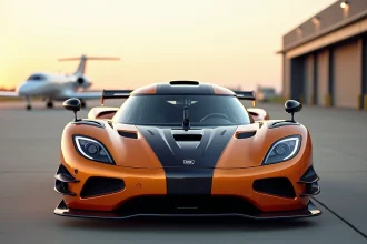 Koenigsegg Agera RS orange en fibre de carbone garé sur un tarmac privé, vue trois quarts avant avec arrière-plan flou