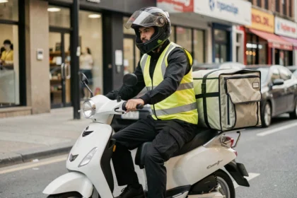 Livreur professionnel en scooter 125cc équipé d'un gilet jaune haute visibilité et d'un sac isotherme dans une rue commerçante urbaine